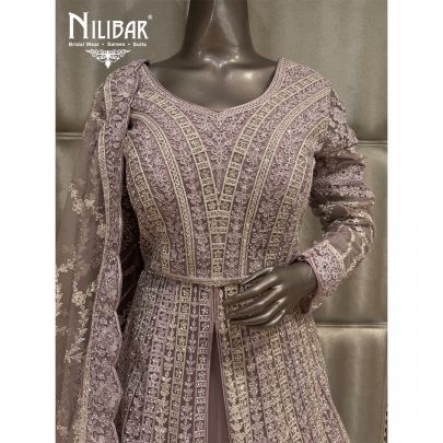 Purple Net Jacket Style Embroidered Lehenga