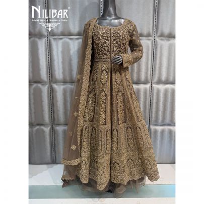 Brown Net Jacket Style Embroidered Lehenga