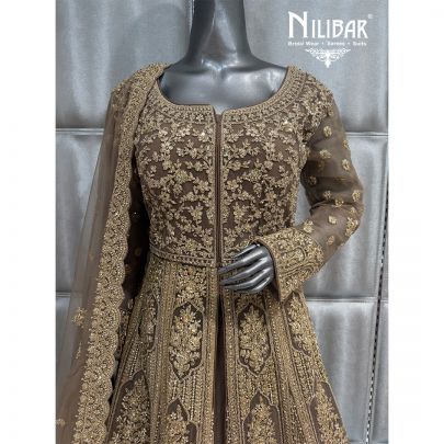 Brown Net Jacket Style Embroidered Lehenga