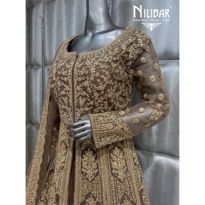 Brown Net Jacket Style Embroidered Lehenga