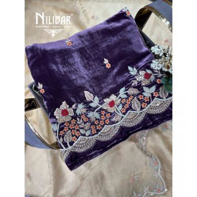 Eggplant Purple & Gold Velvet Unstitched Suit