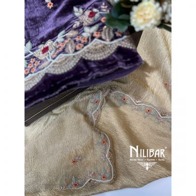 Eggplant Purple & Gold Velvet Unstitched Suit