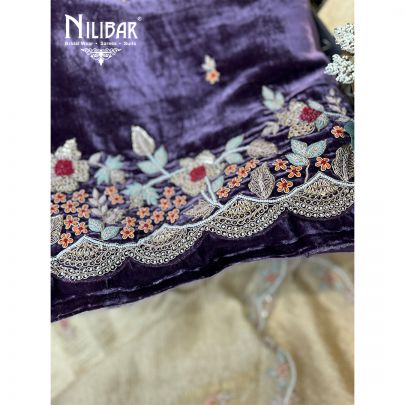Eggplant Purple & Gold Velvet Unstitched Suit