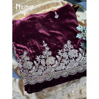 Wine Red & Light Gold Velvet Unstitched Suit
