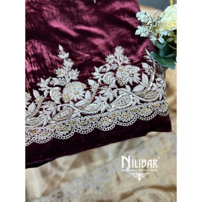 Wine Red & Light Gold Velvet Unstitched Suit