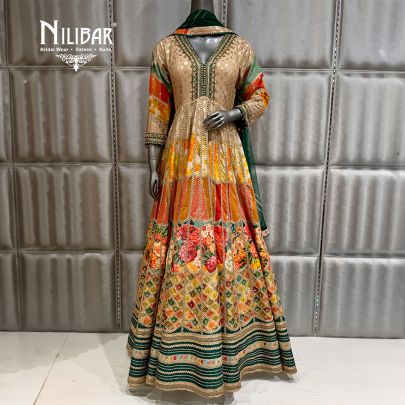 Orange & Green Silk Beautifully embellished anarkali suit