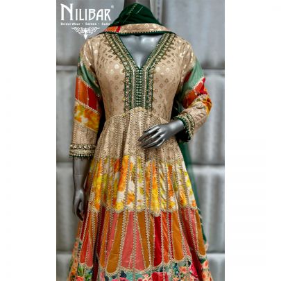 Orange & Green Silk Beautifully embellished anarkali suit
