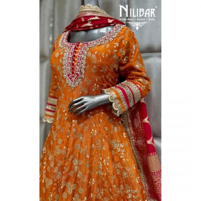 Orange Lame Silk Beautifully Embellished Anarkali Suit