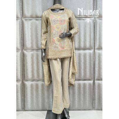 Beige Lame Silk Short Shirt with Bell Bottoms