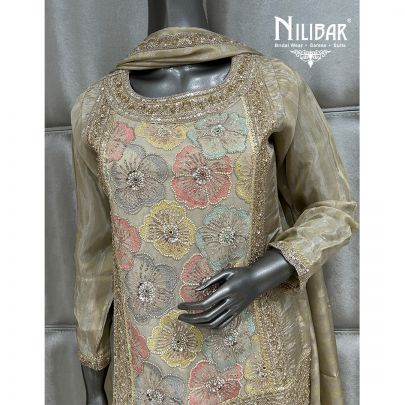 Beige Lame Silk Short Shirt with Bell Bottoms