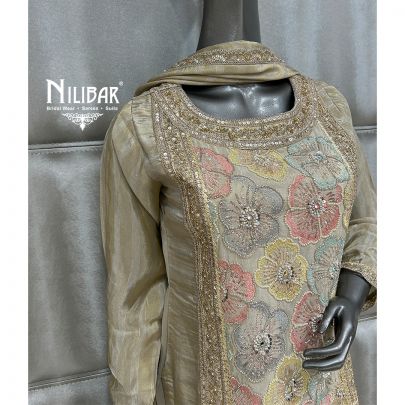 Beige Lame Silk Short Shirt with Bell Bottoms