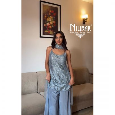Shruti Yadav In Our Gray Blue Satin Palazzo Suit Set