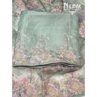 Tea Green Organza Printed Unstitched Suit