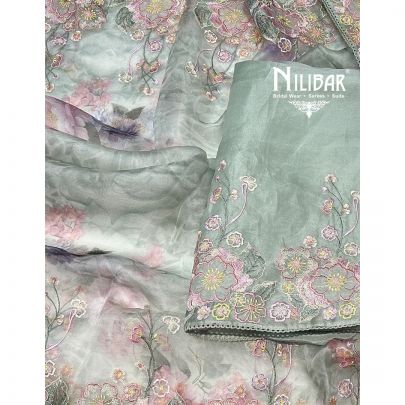 Tea Green Organza Printed Unstitched Suit