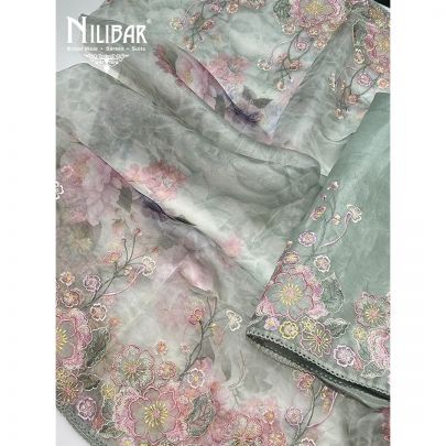 Tea Green Organza Printed Unstitched Suit