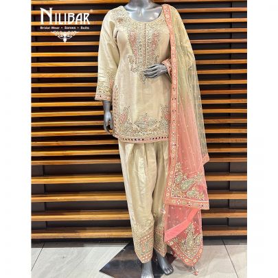Beige & Pink Lamé Silk Salwar Suit