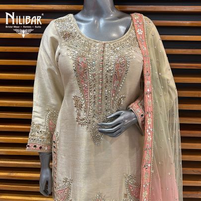 Beige & Pink Lamé Silk Salwar Suit