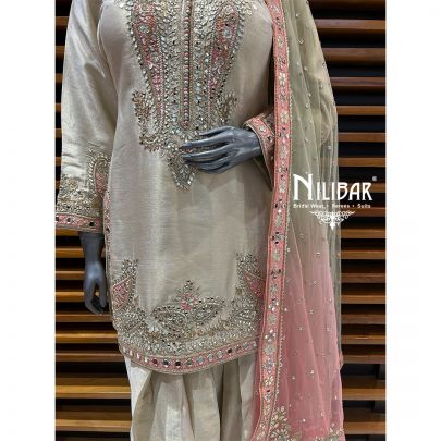 Beige & Pink Lamé Silk Salwar Suit