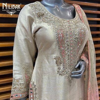 Beige & Pink Lamé Silk Salwar Suit