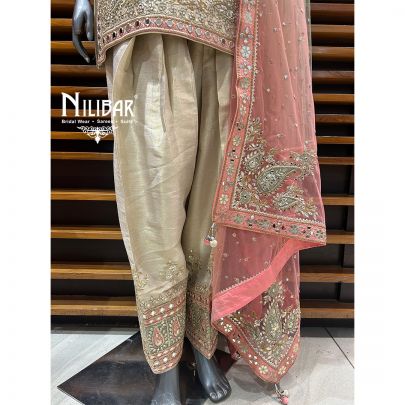 Beige & Pink Lamé Silk Salwar Suit