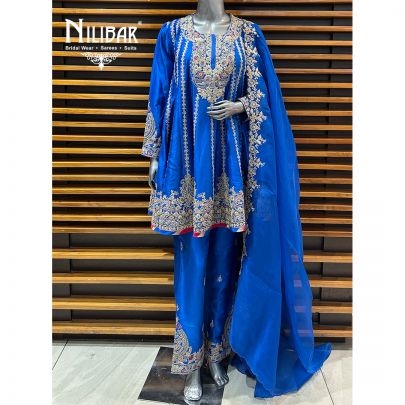 Blue Silk Short Anarkali With Salwar Suit
