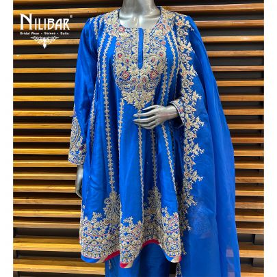 Blue Silk Short Anarkali With Salwar Suit