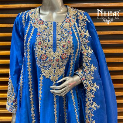 Blue Silk Short Anarkali With Salwar Suit