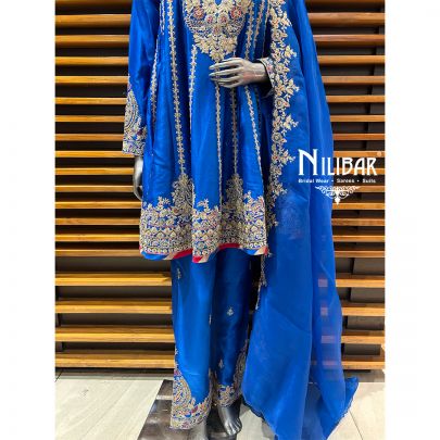Blue Silk Short Anarkali With Salwar Suit