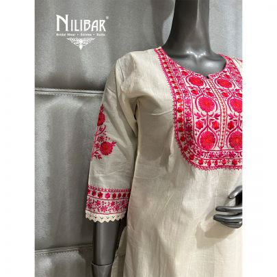 Off White & Hot Pink Cotton Kurta