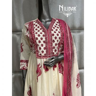 Cream Cotton Printed Anarkali Suit