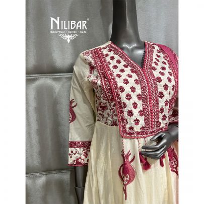 Cream Cotton Printed Anarkali Suit