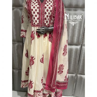 Cream Cotton Printed Anarkali Suit