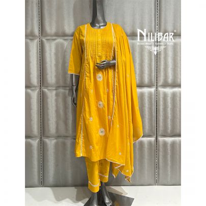 Mustard Cotton A-Line Kurta With Pant