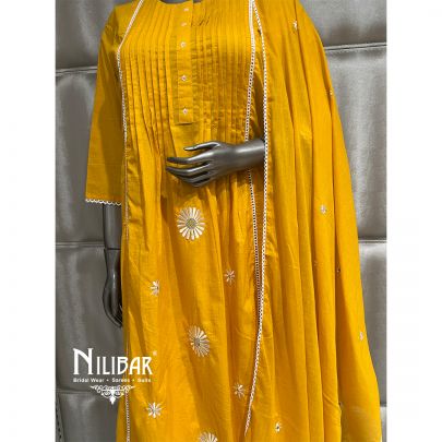 Mustard Cotton A-Line Kurta With Pant