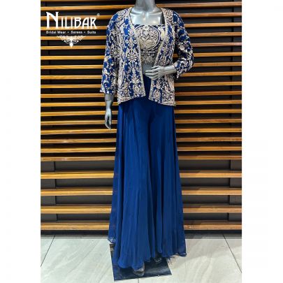 Dark Blue Georgette Three Piece Indo Western Set