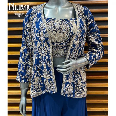 Dark Blue Georgette Three Piece Indo Western Set