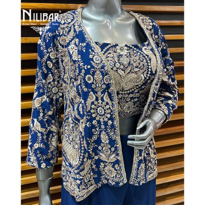 Dark Blue Georgette Three Piece Indo Western Set