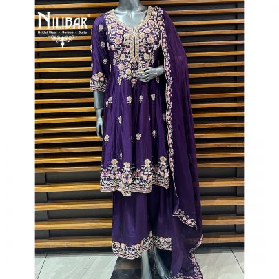 Purple Silk Short Anarkali With Palazzo
