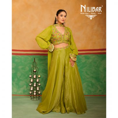 Parrot Green Crop top with Flared Silk & Georgette Palazzo Set