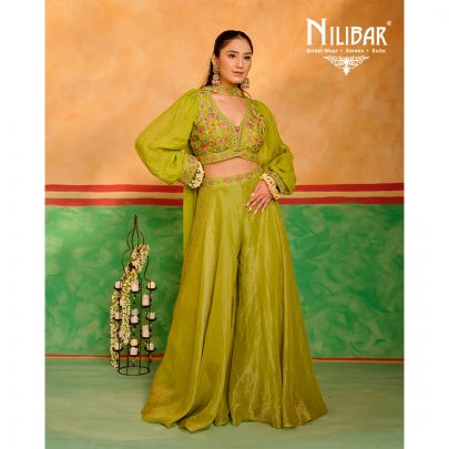 Parrot Green Crop top with Flared Silk & Georgette Palazzo Set
