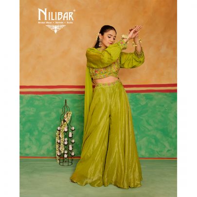 Parrot Green Crop top with Flared Silk & Georgette Palazzo Set
