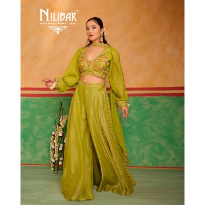 Parrot Green Crop top with Flared Silk & Georgette Palazzo Set