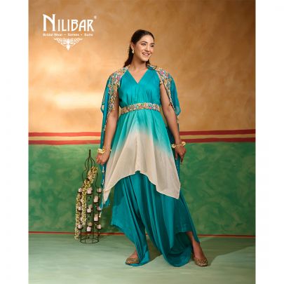 Teal Blue Silk Dhoti Style Indo Western Set