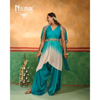 Teal Blue Silk Dhoti Style Indo Western Set
