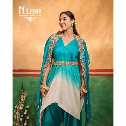 Teal Blue Silk Dhoti Style Indo Western Set