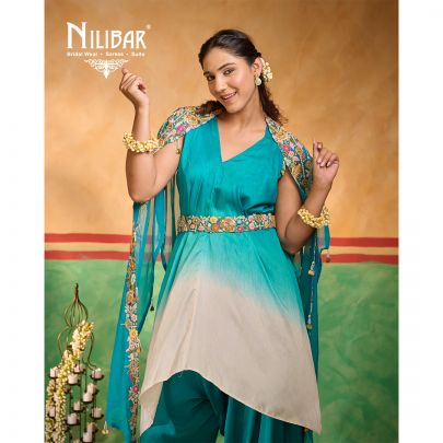 Teal Blue Silk Dhoti Style Indo Western Set