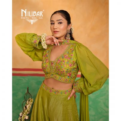Parrot Green Crop top with Flared Silk & Georgette Palazzo Set