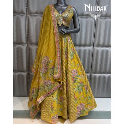 Lemon Silk Embroidered Crop Top Paired With Lehenga & Organza Dupatta