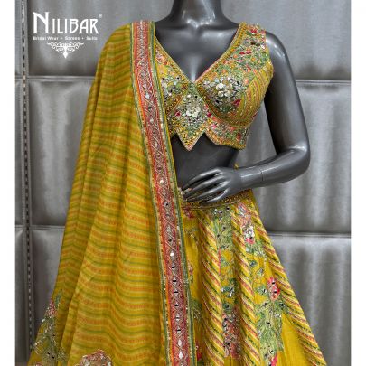 Lemon Silk Embroidered Crop Top Paired With Lehenga & Organza Dupatta
