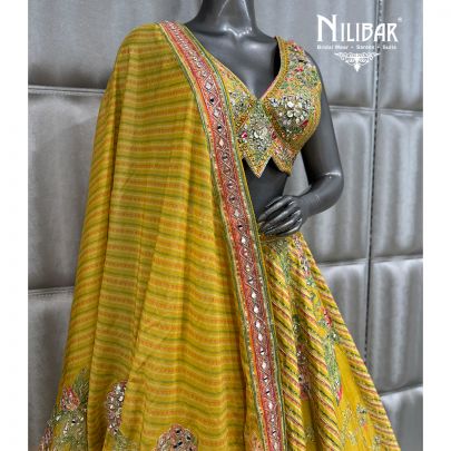 Lemon Silk Embroidered Crop Top Paired With Lehenga & Organza Dupatta